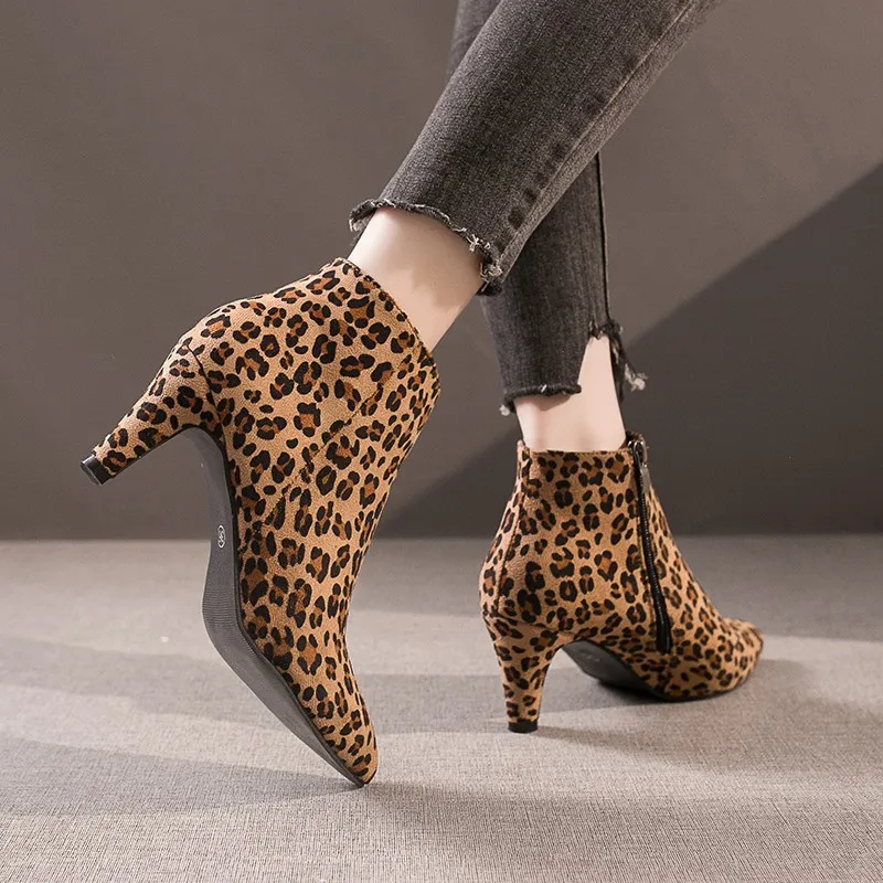 2024 Autumn High Heels Ankle Boots Plus Size Leopard Women Boots Retro Pointed Ladies Shoes Side Zipper Booties Botas De Mujer