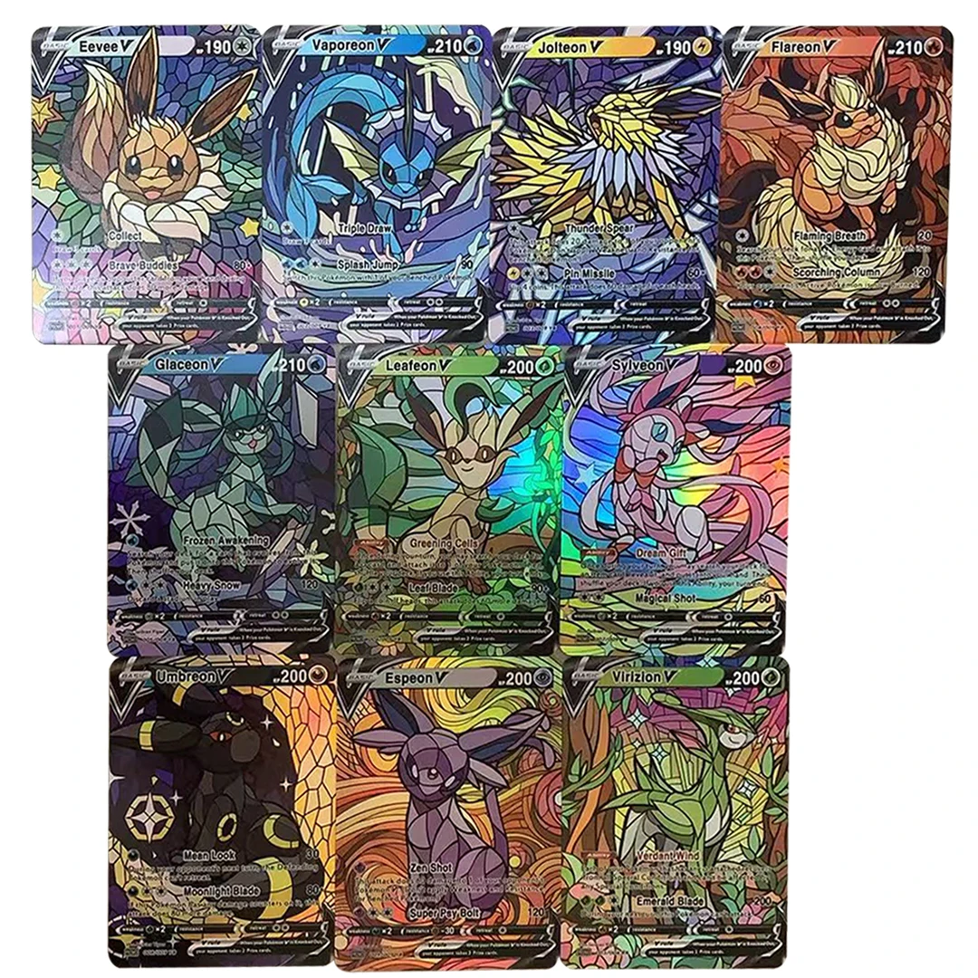 

10Pcs/Set DIY Glass Painted Pokemon Cards Umbreon Espeon Eevee Sylveon Glaceon V PTCG Collectible Cards Anime Toy Gift