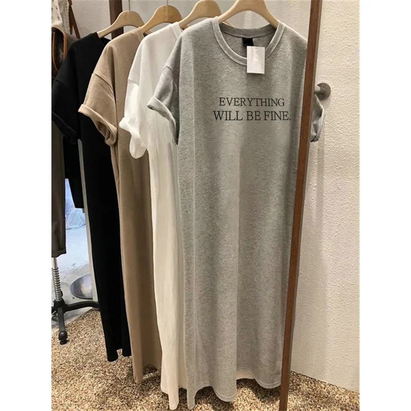 Vestido de verano delgado, talla grande, holgado, manga corta para mujer 2025 nuevo, estampado de letras, escote redondo sencillo 2