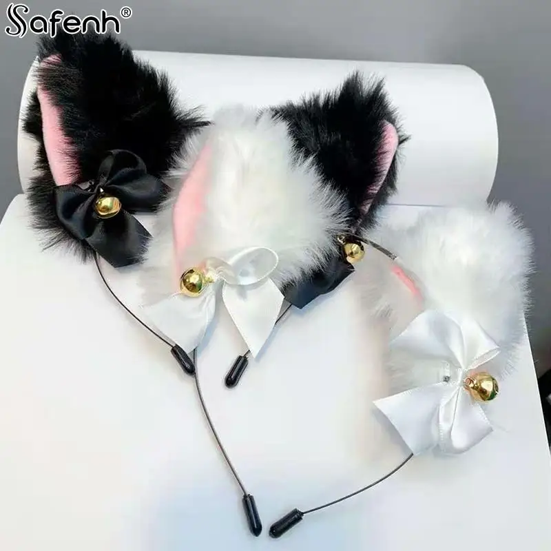 Sexy Cat Ears Headband  Lace Bow Necklace Plush Bell Hairband Cosplay Masquerade-Party Costume Hair Accessories For Women Girls