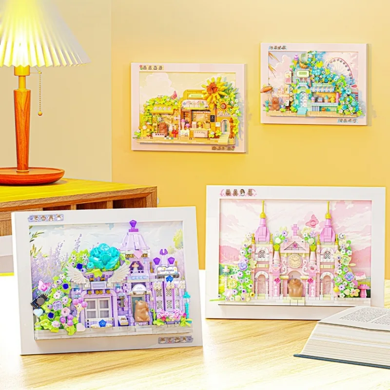 Capybara Building Block แม่เหล็กกรอบรูปประกอบของเล่นดอกไม้งานแต่งงาน Shop โบสถ์ชุดตกแต่งบ้านของขวัญ