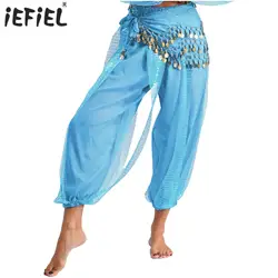 Womens Sequined Layer Bloomers Harem Pants and Lace-up Hip Scarf Belly Dance Costume Elastic Waistband Pants Halloween Costume