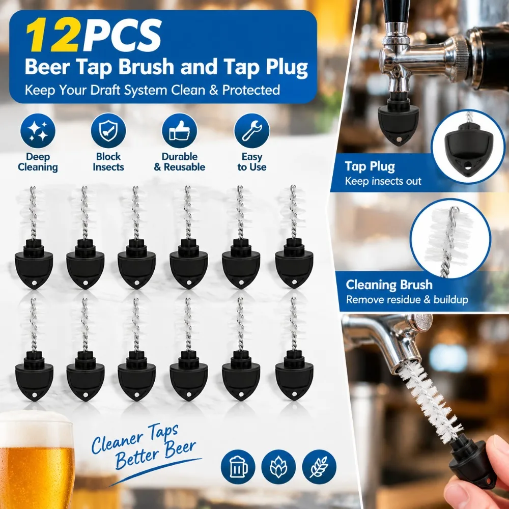 12PCS Effective ABS Beer Tap Brush Tap Plug Black Tap Plug Insect Blocking Beer Dispenser Cleaning Brush For Beer Dispenser