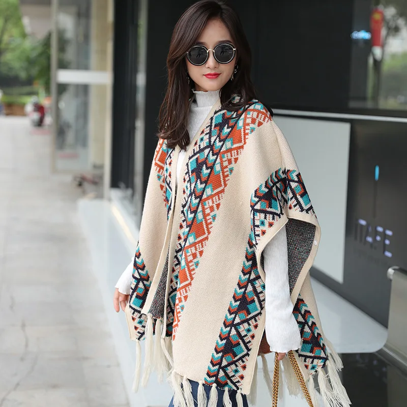 Winter Bohemian Ethnic Style Cloaks Women Indie Printed Scarf Style Capes Thick Warm Long Tassel Ponchos Chic Dual Purpose Shawl