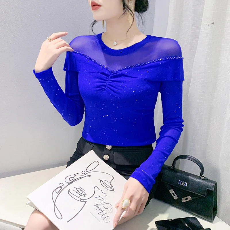 MadBlack-Women's European T-Shirt, Sexy O Neck Beading Top, Streetwear Long Sleeve Slim Mesh Patchwork Tee, Fall Winter T4N405CC image 3