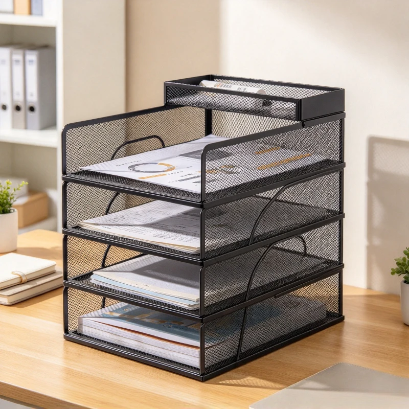 4 Plus 1 Tier Metal File Organizer with Rounded Corners Strong Black Frame Vertical Document Rack for Neat Desktop Paperwork