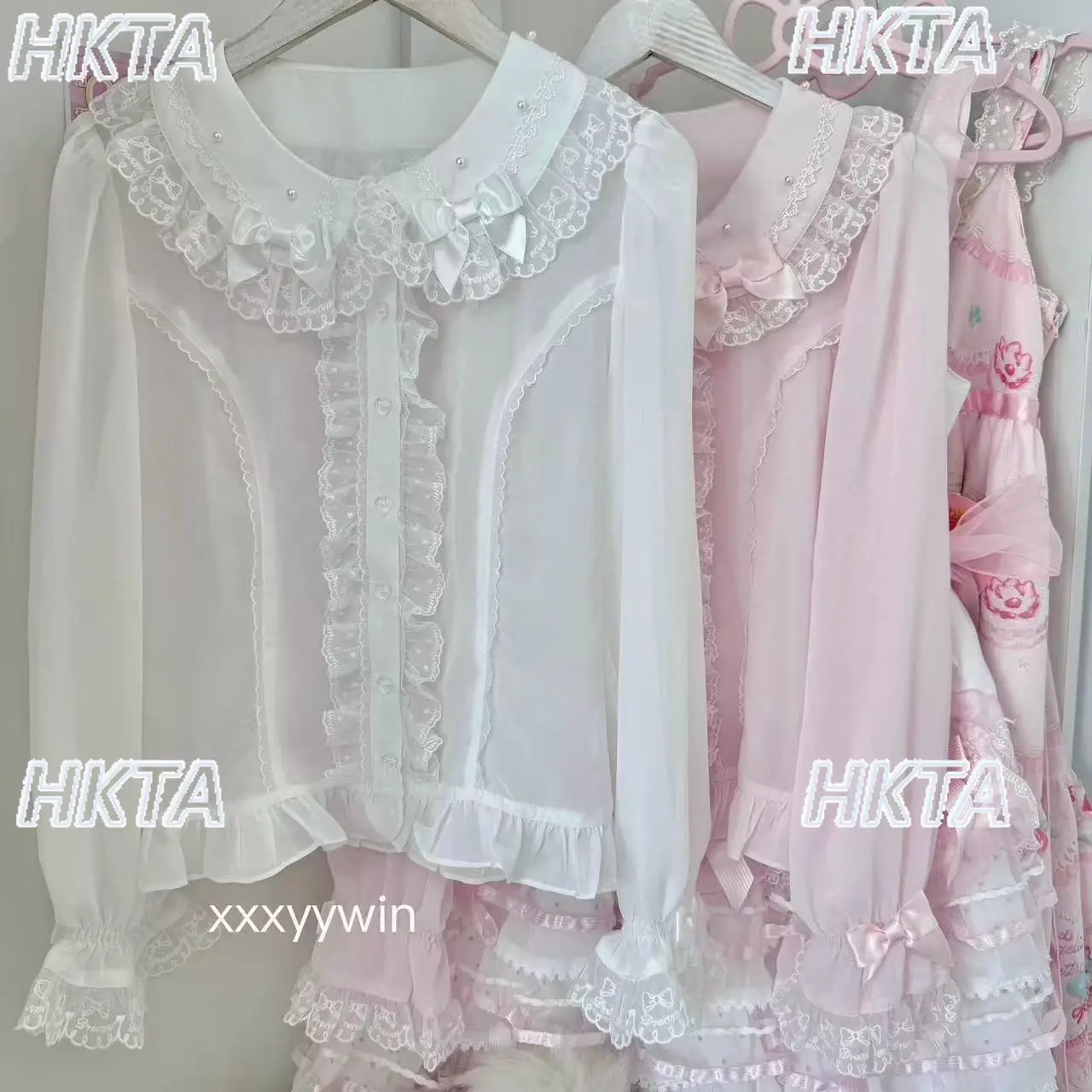 

Japanese 2026 Kawaii Lolita Pearl Versatile Bow Short Sleeved Chiffon Shirt Sweet Cute Lace Doll Collar Loose Blusas Top Women