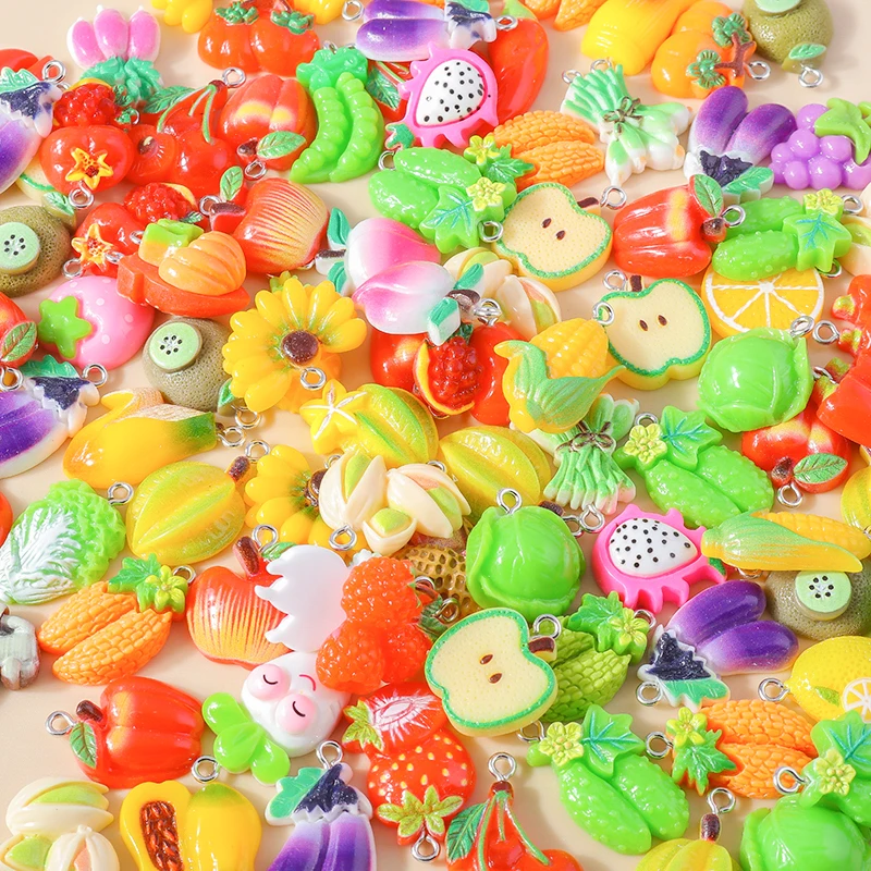 15pcs Mix Resin Vegetables Fruits Charms 3D Pitaya Tomato Pea Radish Cherry Pendant for Necklace Earring DIY Jewelry Accessories