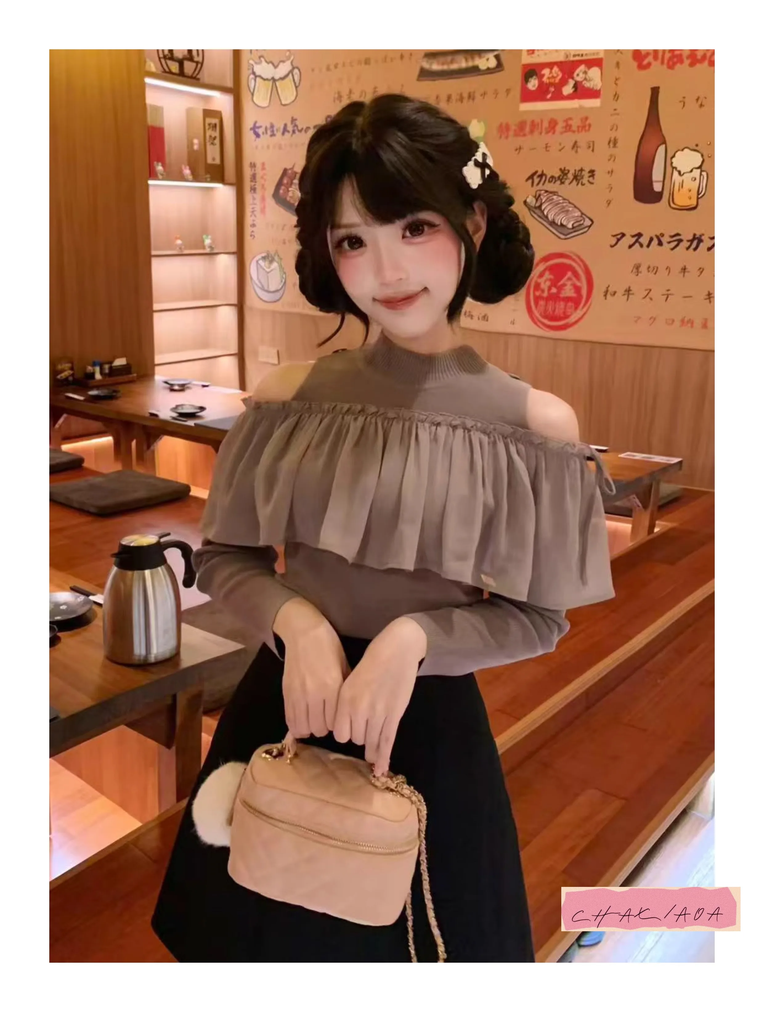 

Japanese-style Early Autumn Clear Style Womens Off-shoulder Versatile Ruffled Shoulder-exposing Round-neck Knitted Blouse Top