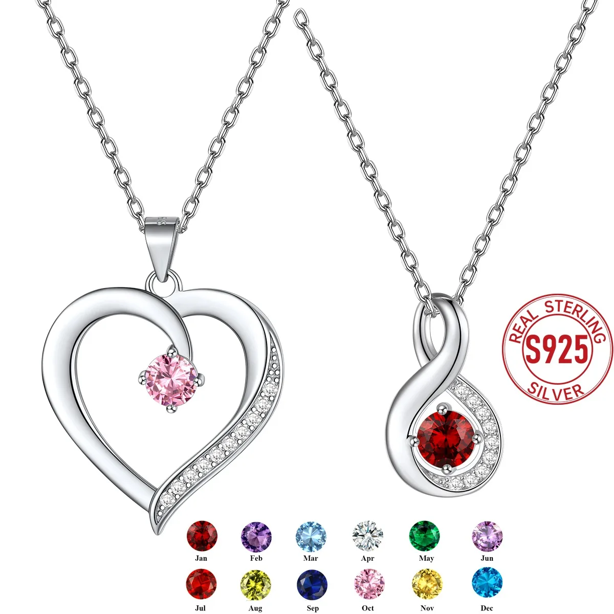 

ChainsPro 925 Silver Necklace with Birthstones Personalized Heart Infinity Pendant with Round A++ CZ Custom Jewelry Gift for Her