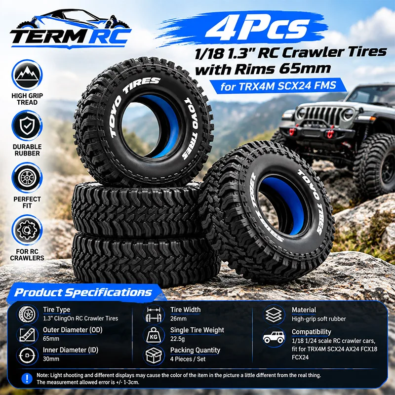 1/18 1.3" RC Crawler Wheels & Tires for TRX4M SCX24 FMS Ascent 18 (4Pcs, 65mm)