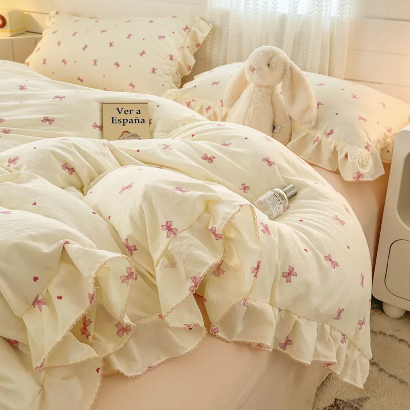 2025 INS Princess Style Bedding Sets Ruffle Lace Bow Quilt Cover Romantic Bedclothes Decor Woman Girls Bedroom Duvet Cover 4pcs