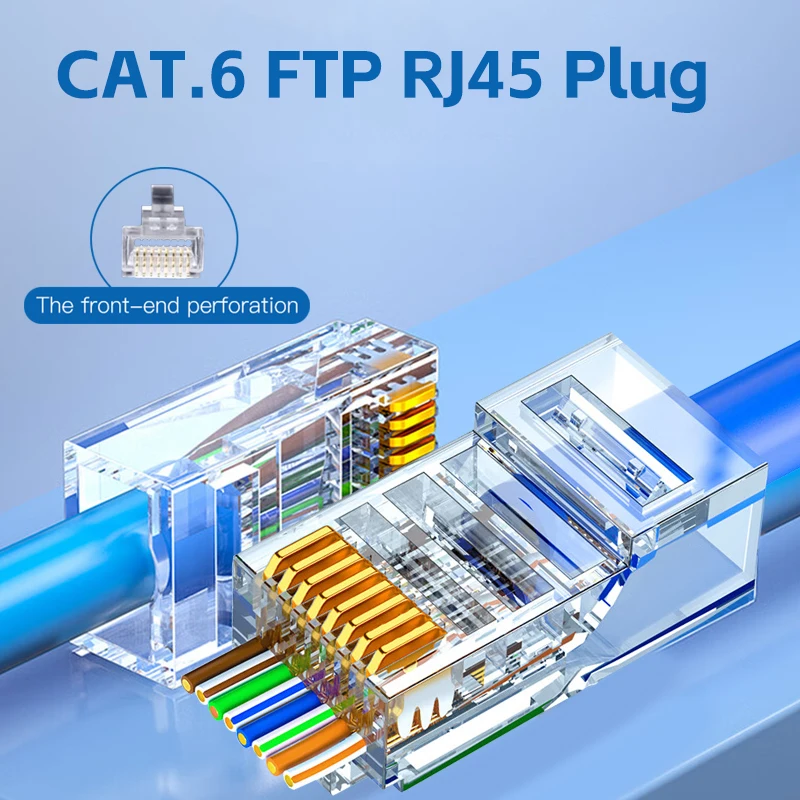 50pcs Network RJ45 Crystal Heads RJ45 Cat6 Connector Gold Plated Pass Through Ethernet Cables Unmodule Plug