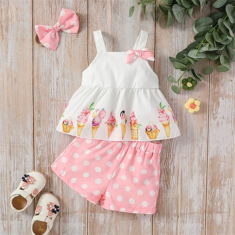 Summer Toddler Baby Girl Clothes Sleeveless Ice Cream Print Vest Crop Dot Print Short Pants 2Pcs Outfits