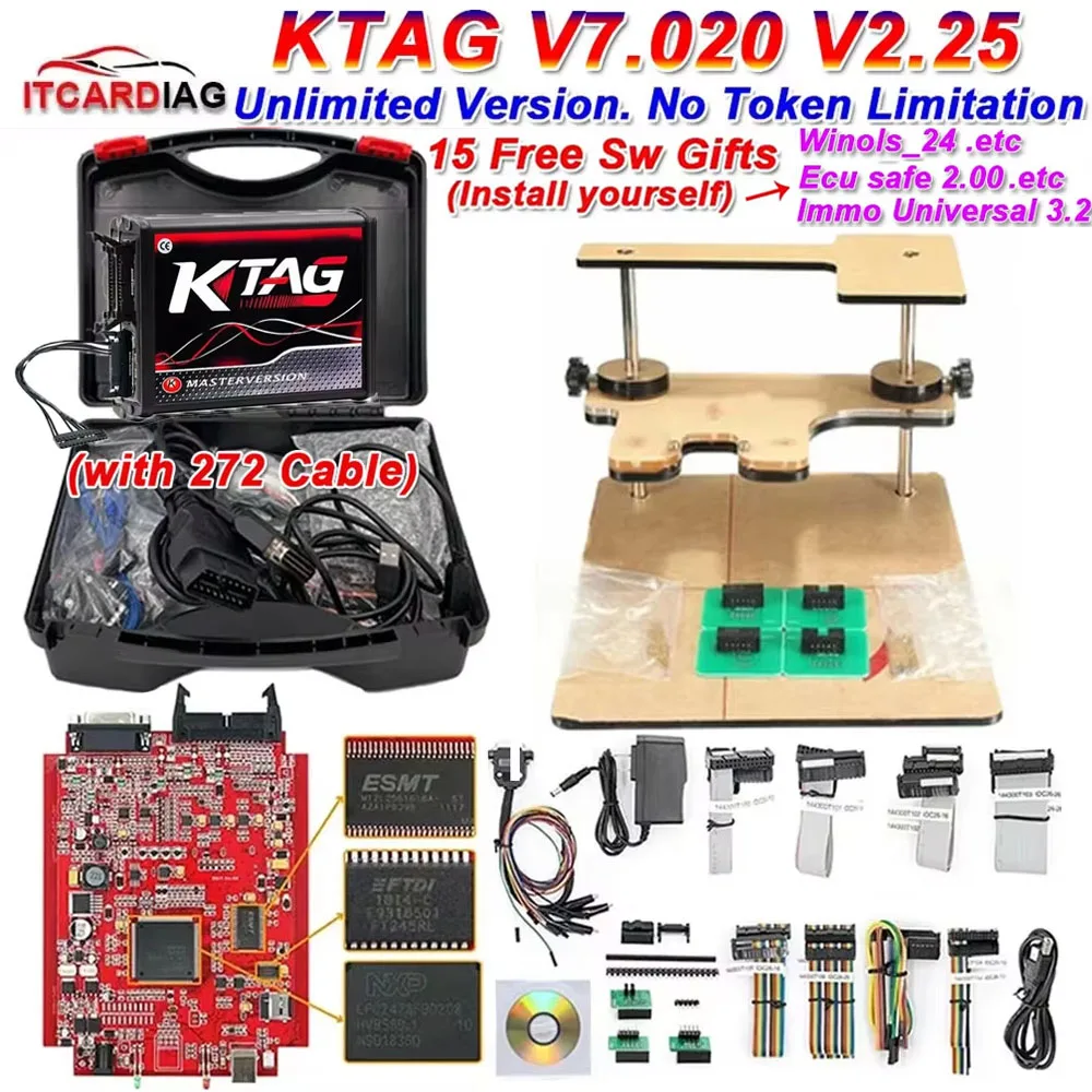 Ktag ecu Programmer 2024 KTAG V7.020 V2.25 Red PCB Red European Unlimited Points Networkable Online With New Ktag 272 ECU Cable