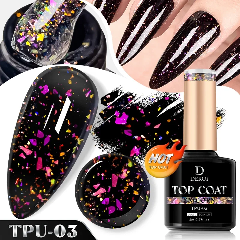 DEROI Auroral Flash Top Coat per Nail Art Manicure No Wipe Dot Top Coat Laser Glitter Topcoat vernice sigillo smalto Gel UV 8ml