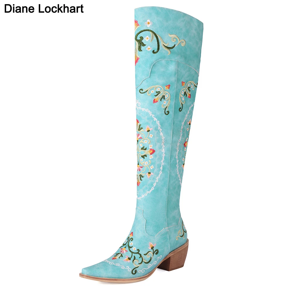 Women Embroidered Western Over The Knee High Boots Cowboy Cowgirls Knee Long Boots Womens Flower Chunky Heel Shoes Free Ship