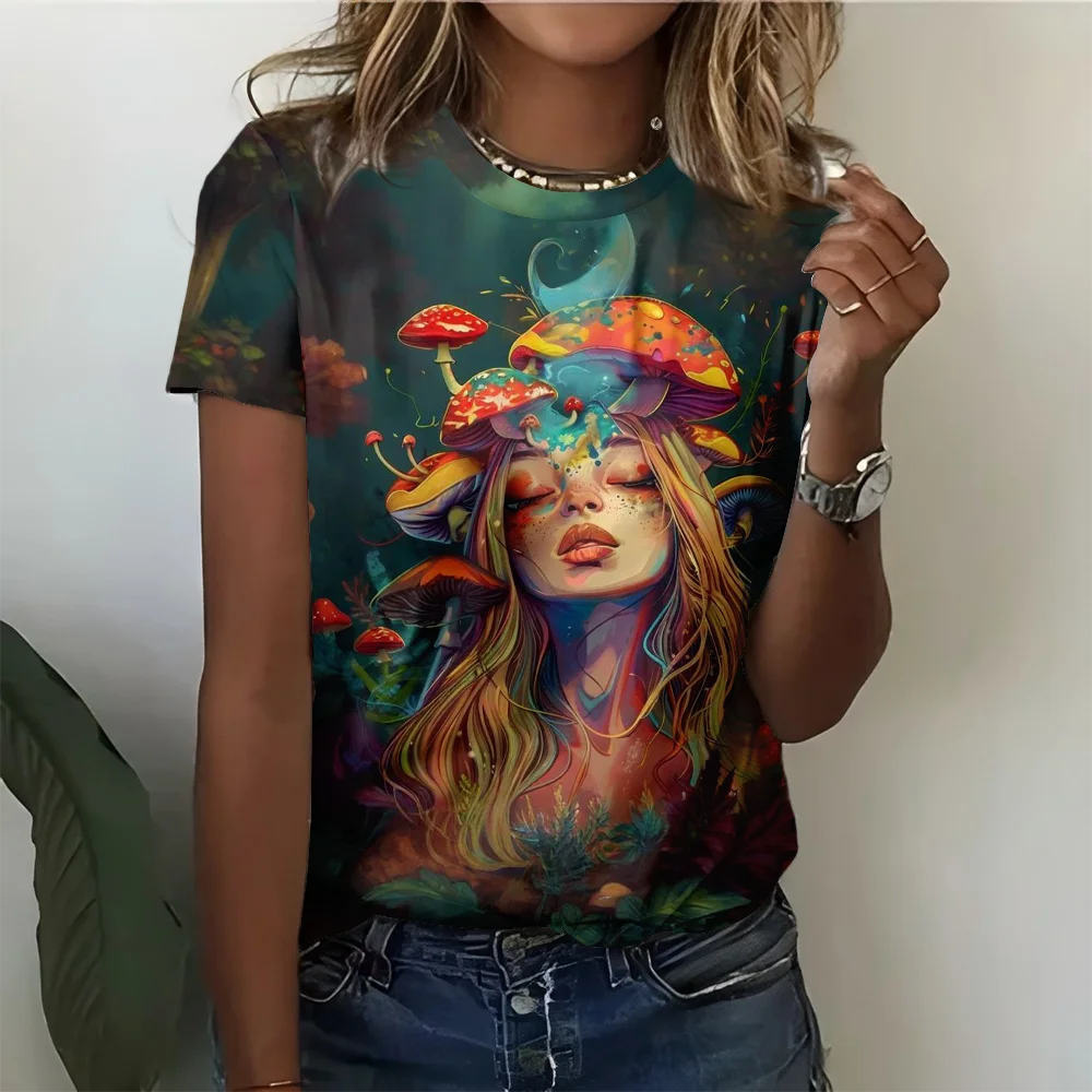 

Abstract Illustration Art Fantasy Mushroom Printed Black Women's T-shirt - Summer Casual Fashion Comfortable Short Sleeve