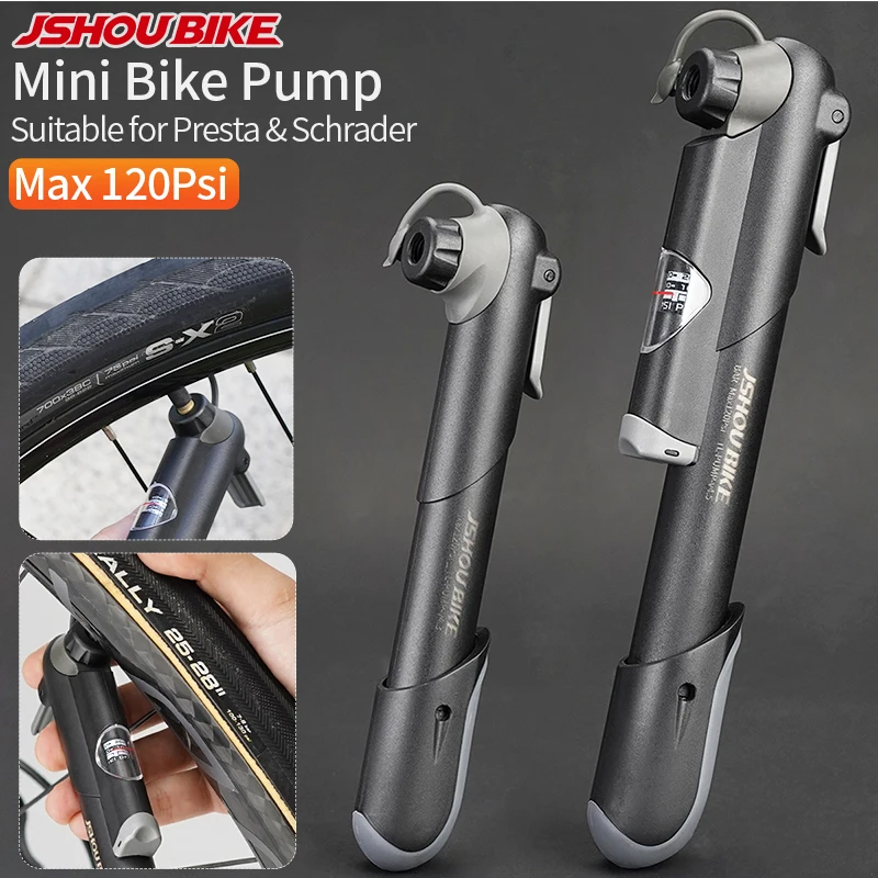 

JSHOU BIKE Mini Bike Pump Lightweight Portable Bicycle Pump with Pressure Gauge Presta & Schrader Valve Ball Pump Needle 120Psi