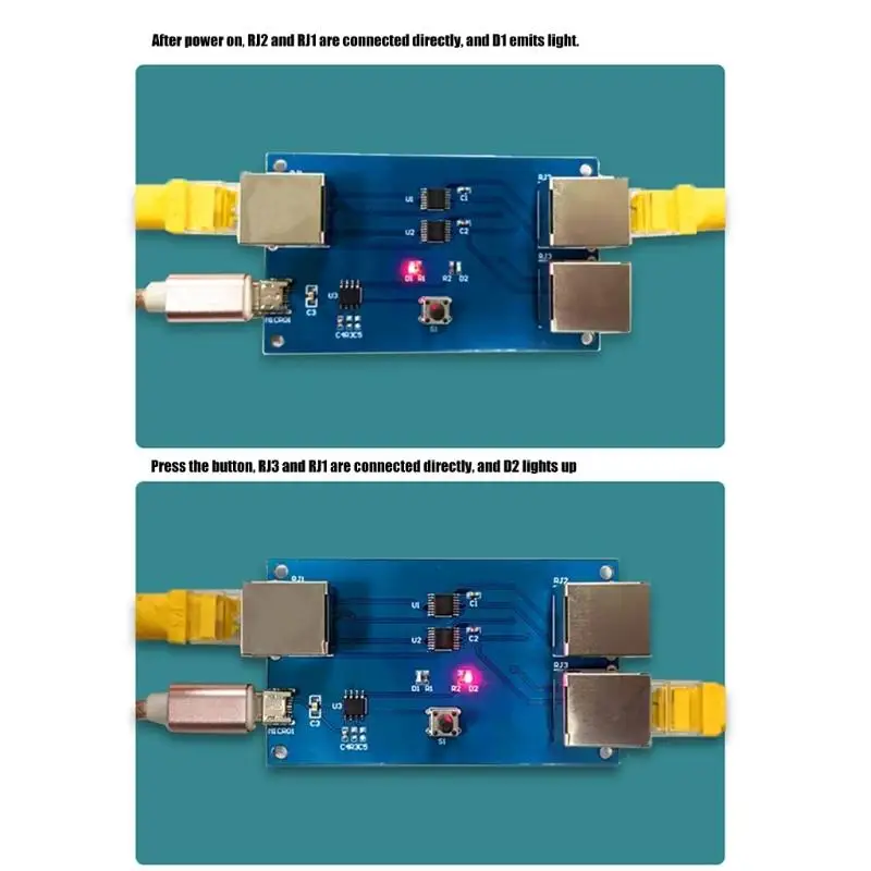 Y1UB Cable Routing Ethernet RJ45 Line Sharer with Manual Button Control, Gigabit Ready Desk Access, Three RJ45 Ends, and Home