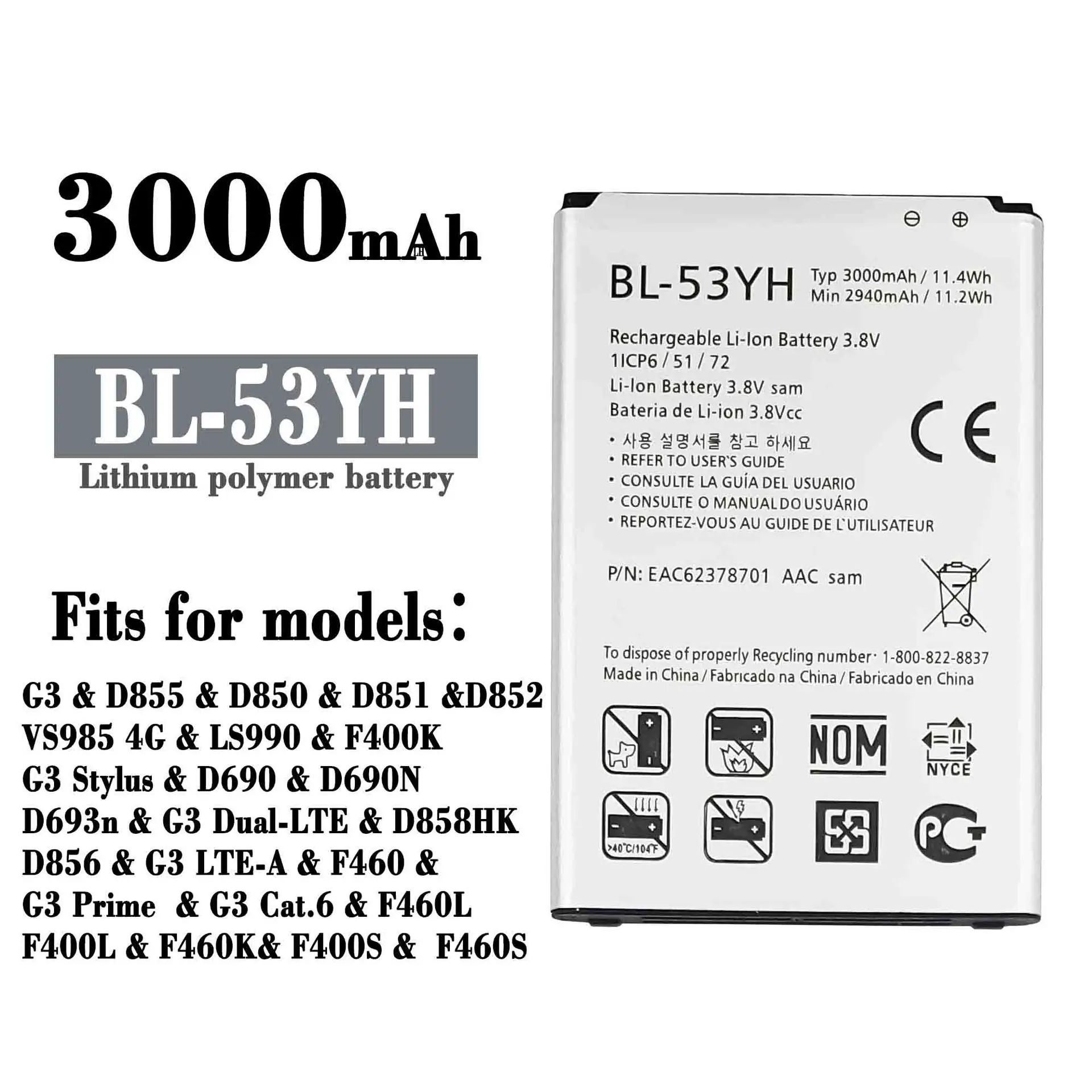 

BL-53YH Replacement Battery For LG G3 D855 D850 D690 D693N G3 LTE-A F460 G3 Prime G3 Cat.6 Mobile Phone 3000mAh Bateria