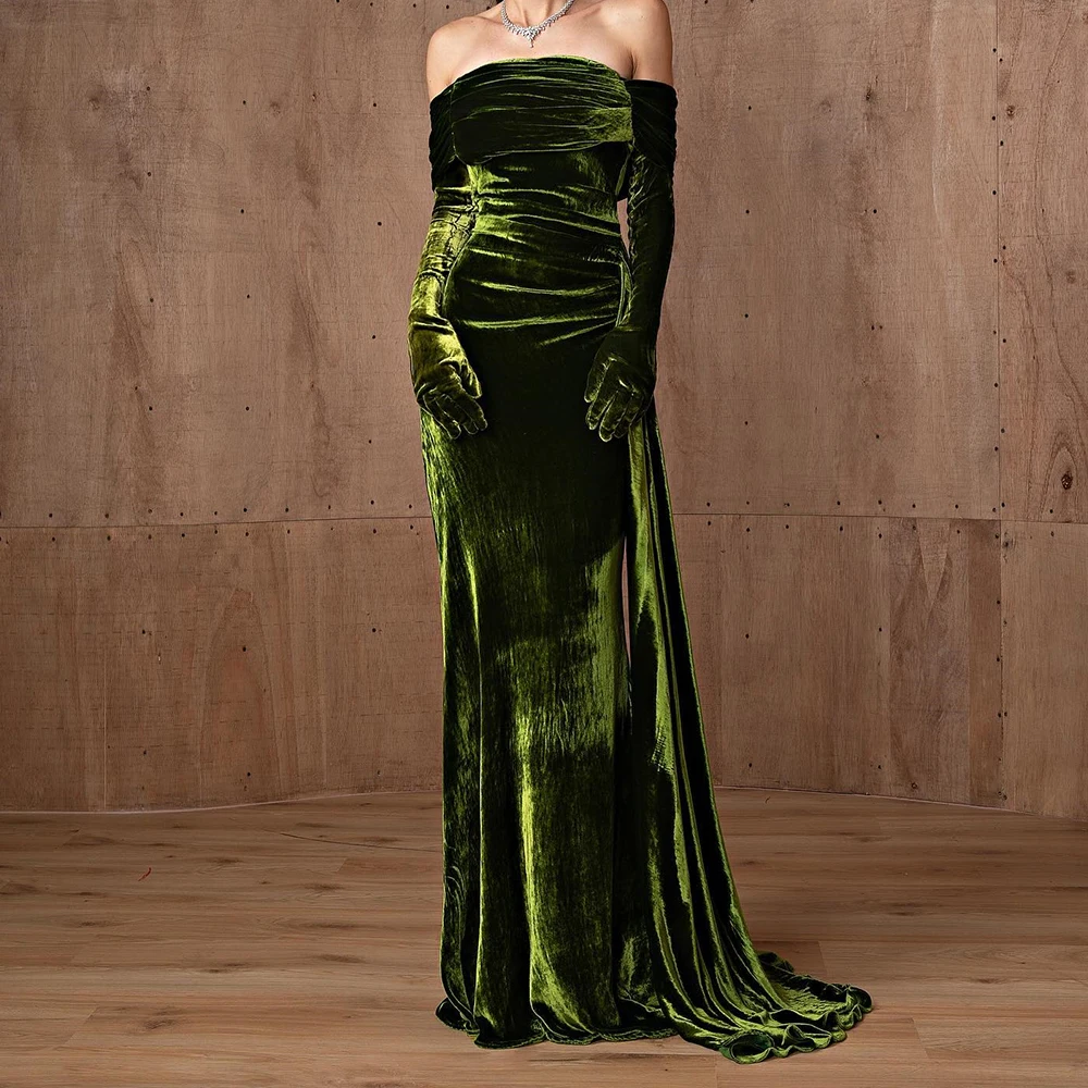 

Customized Fashion Velour Straight Off the Shoulder Detachable Sleeve Evening Dress Zipper Back Strapless Panel Train Modern