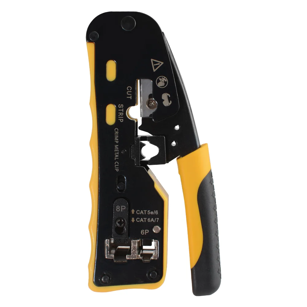 Ratcheting RJ45 Pass‑Through Crimping Tool, 3‑in‑1 Crimper Stripper Cutter for Cat5e Cat6 Cat6A Cat7 Cat8 Modular Data Cables