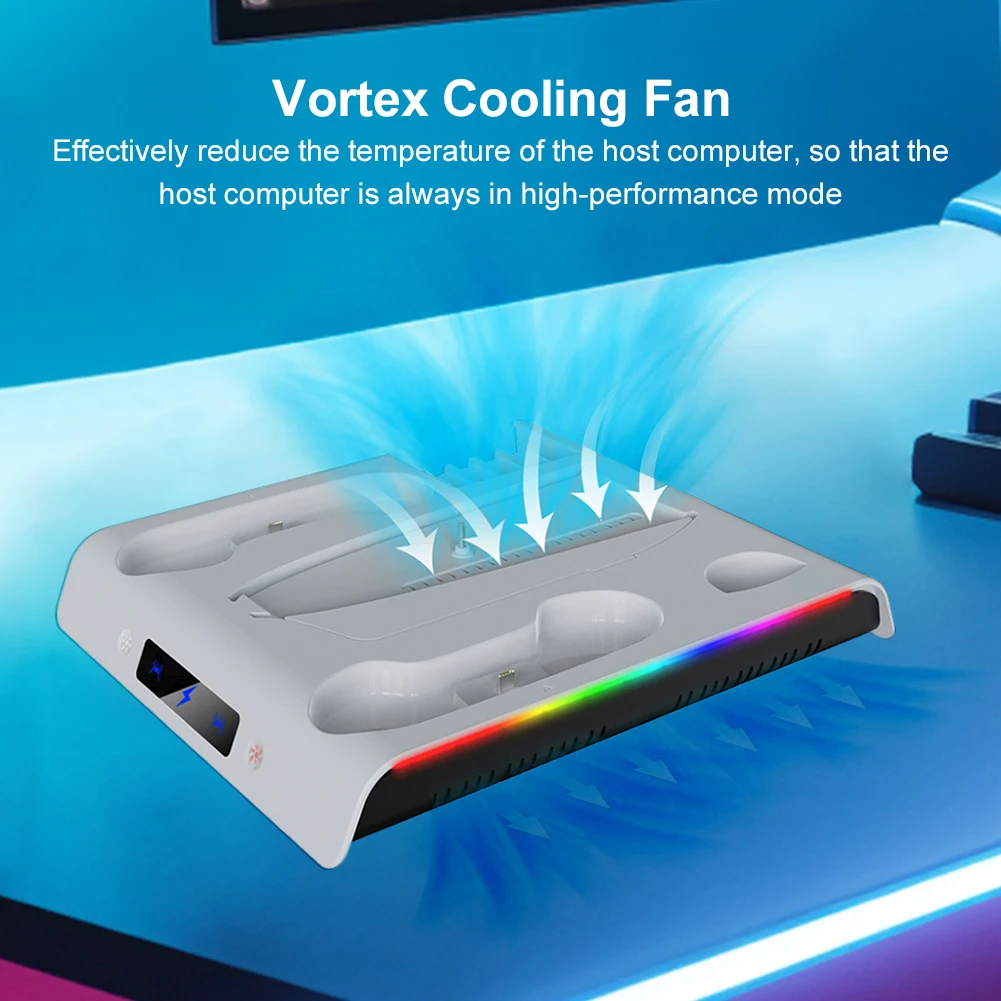 For PS 5 Slim/PS 5 Pro Cooling Stand & Controller Charging Station with Headphone Hook 3 Levels Cooling Fan RGB Lights for PS 5