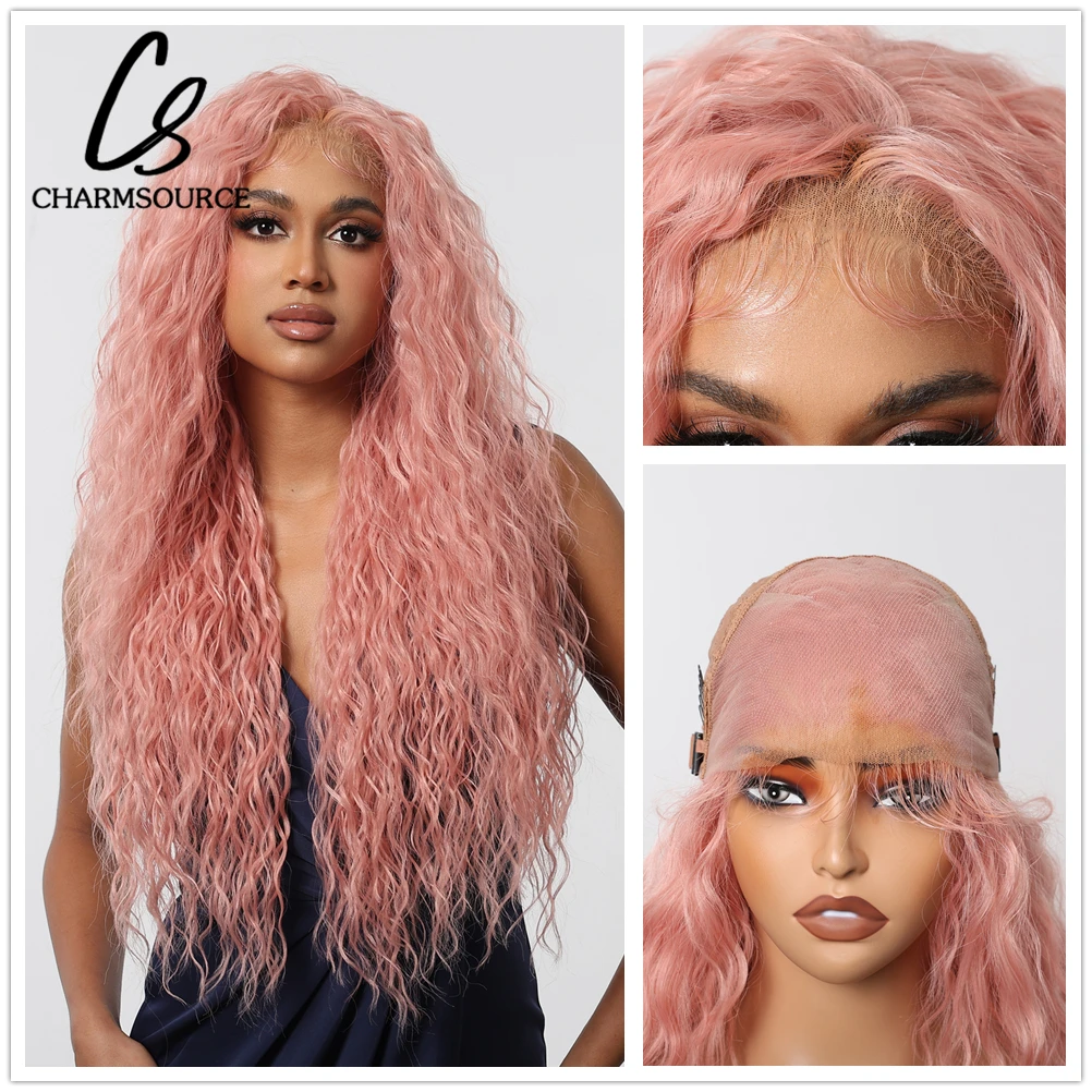 

CharmSource 13x6 Lace Synthetic Wigs Long Pink Curly Wig for Black Women Natural High Density Daily Use Heat Resistant Fiber