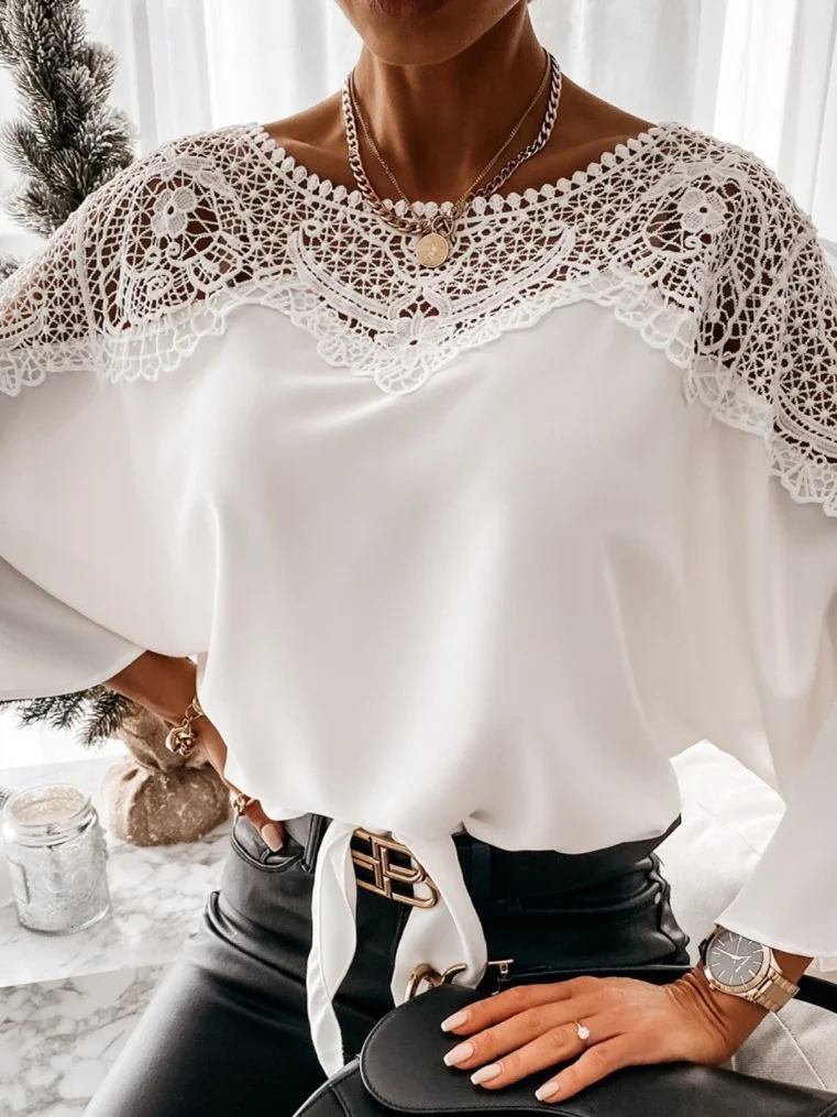 ピュアカラーレース長袖シャツレディースストリートスタイルルーズフィットプリンセススリーブラウンドネックカジュアルファッション春夏