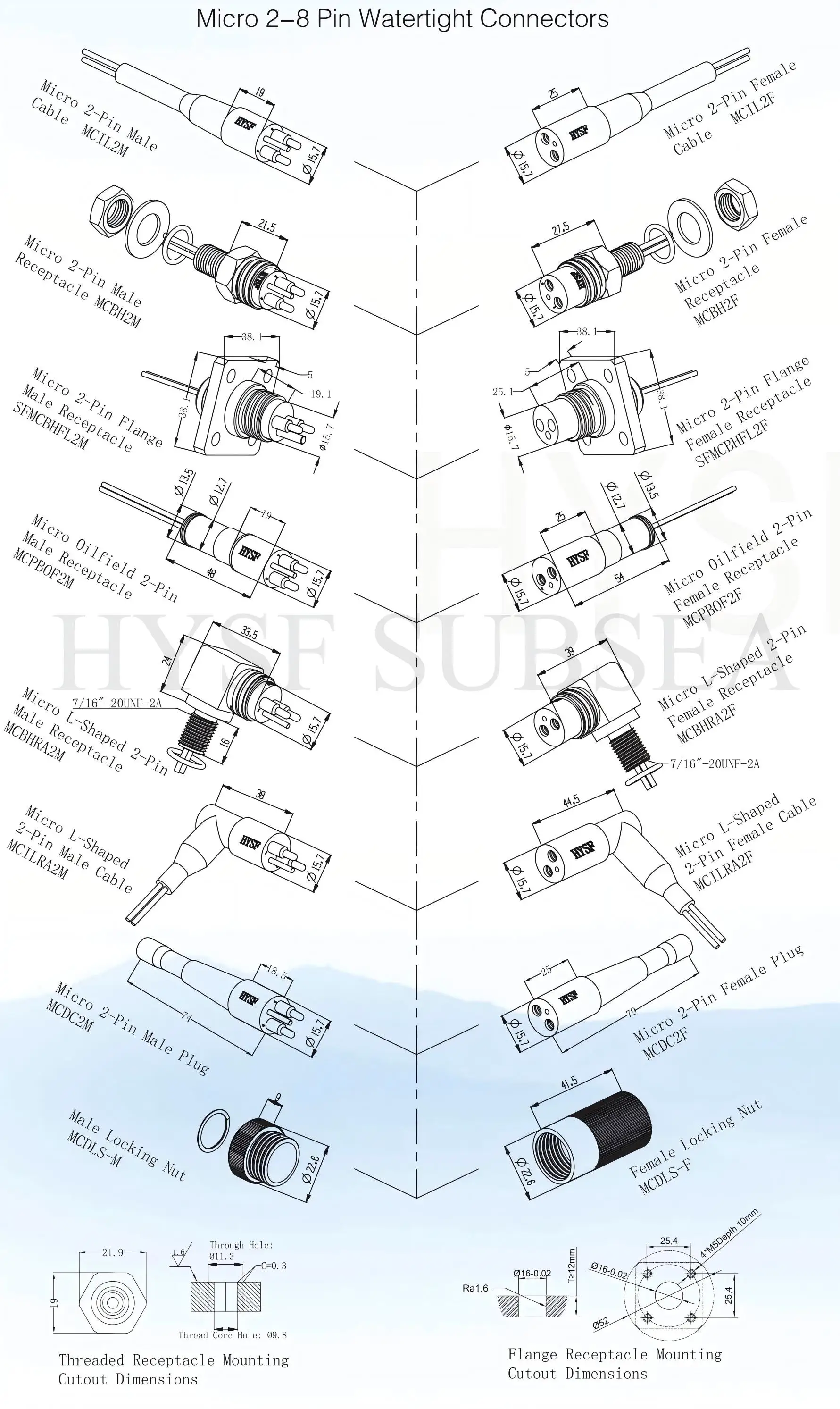 SUBSEA Micro Right Angle 6-Pin 5A Waterproof Underwater Connector Set FPC/PCB 550V IP60 MCBHRA6F Female Socket MCIL6M Male