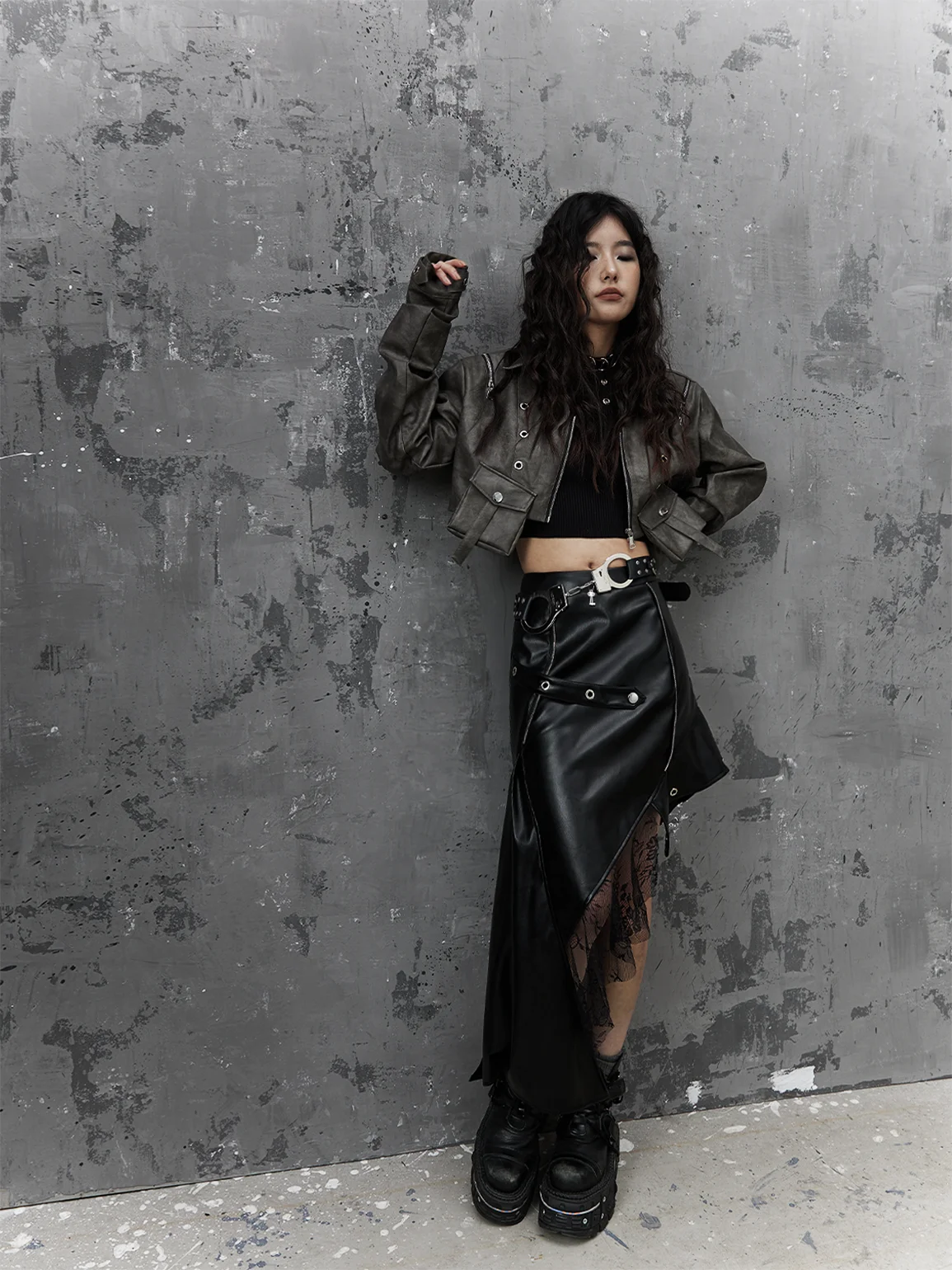 Retro punk tingimento e descoloração ort solto zíper couro jaet street sle feminino primavera faion outerwear