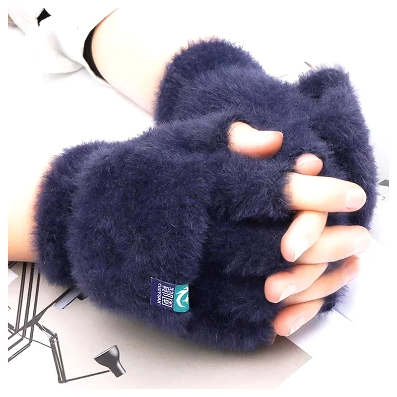 Gloves Mitten Write Thickened Cold Protection Plush Soft Warm Flip Outdoor Student Women Female Winter Fingerless