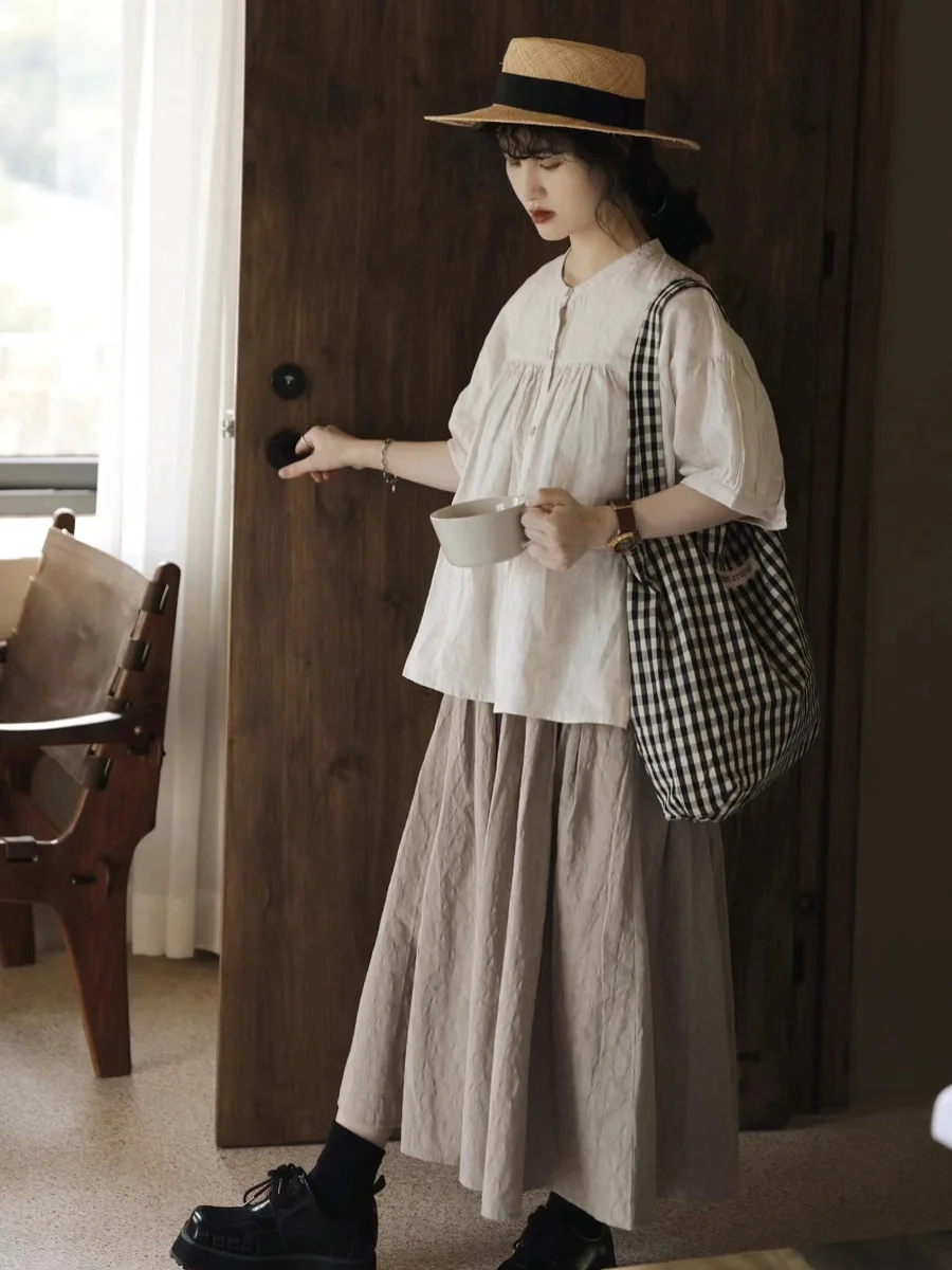 High Waist A-Line Midi Skirt Japanese Style Sweet Cute Forest System Half Skirt Summer Cotton Pure Color Versatile High Waist...
