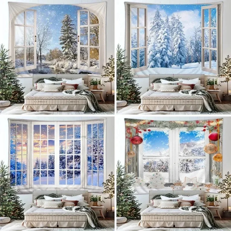 VIKAMA Christmas Window Tapestry Open Arch Window Snow Forest River Winter Scenery Wall Hanging Backdrop for Home Decor
