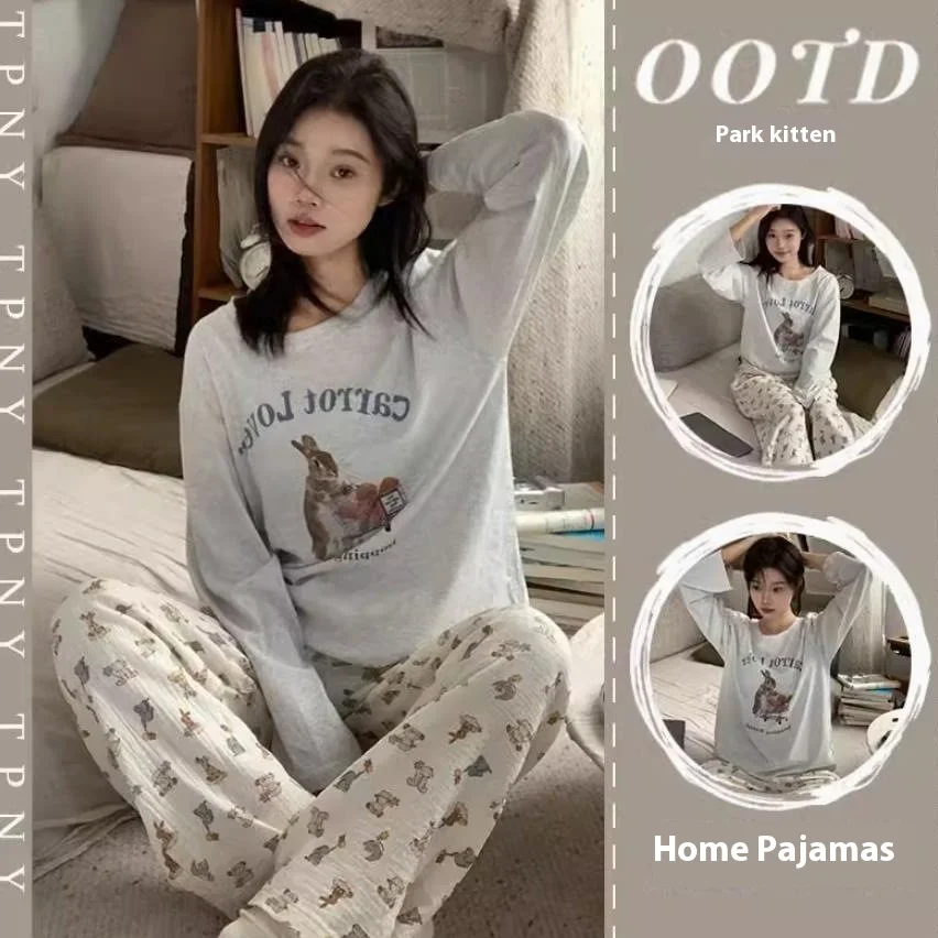 Spring and Autumn New Women's Cartoon Ins Style Pajamas Homewear Suit Girls Students Long-Sleeved Sweet Pajamas Loose Homewear