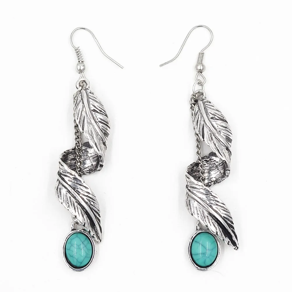 

Trendy Earrings Ancient Silver Turquoise Alloy Vintage Leaf Bride