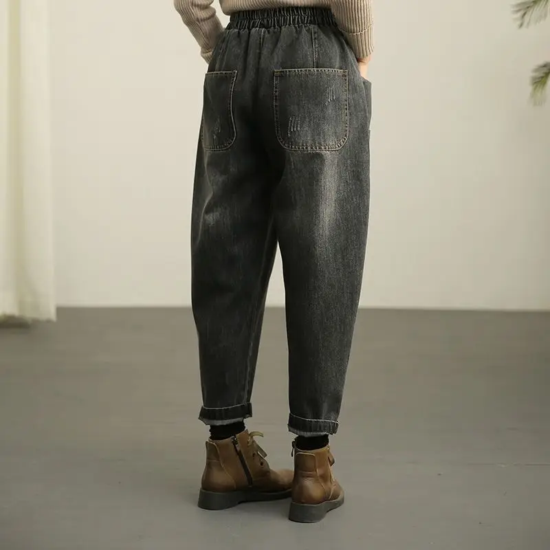 Pantaloni casual oversize a vita alta elasticizzati primaverili in denim corto Harlan Dad Chubby MM Baggy Vintage Distressed a vita alta