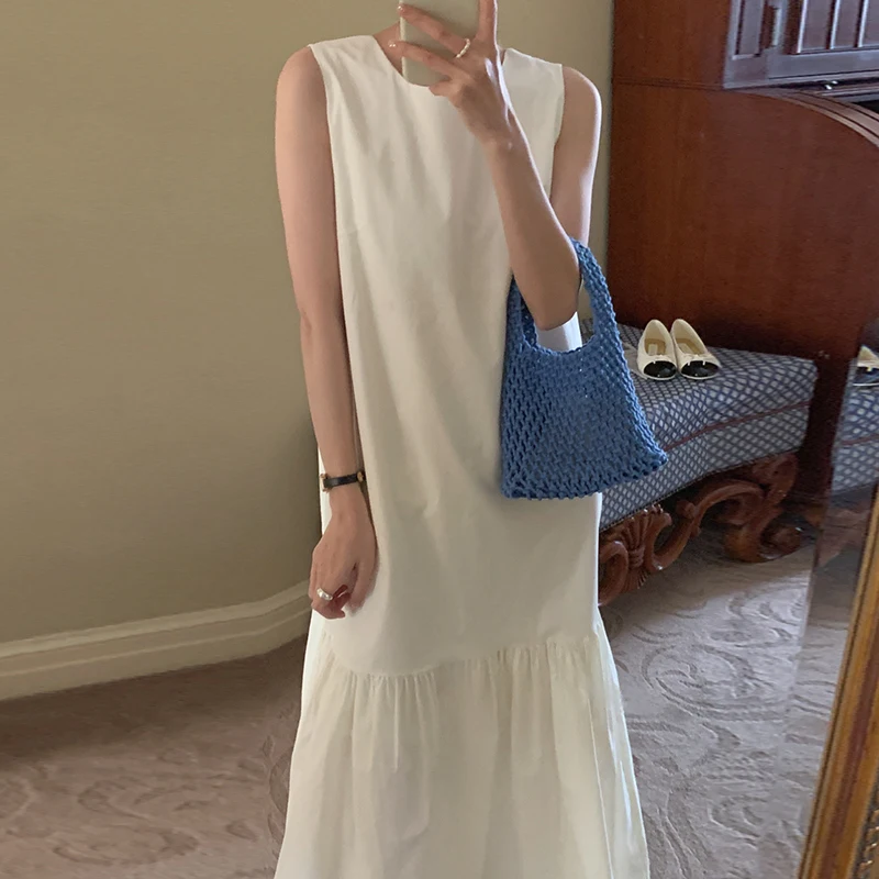 فستان صيفي أنيق بأسلوب كلاسيكي فضفاض برقبة مستديرة وبدون أكمام مع تطريز دانتيل، فستان طويل فضفاض على الطراز الكوري للنساء