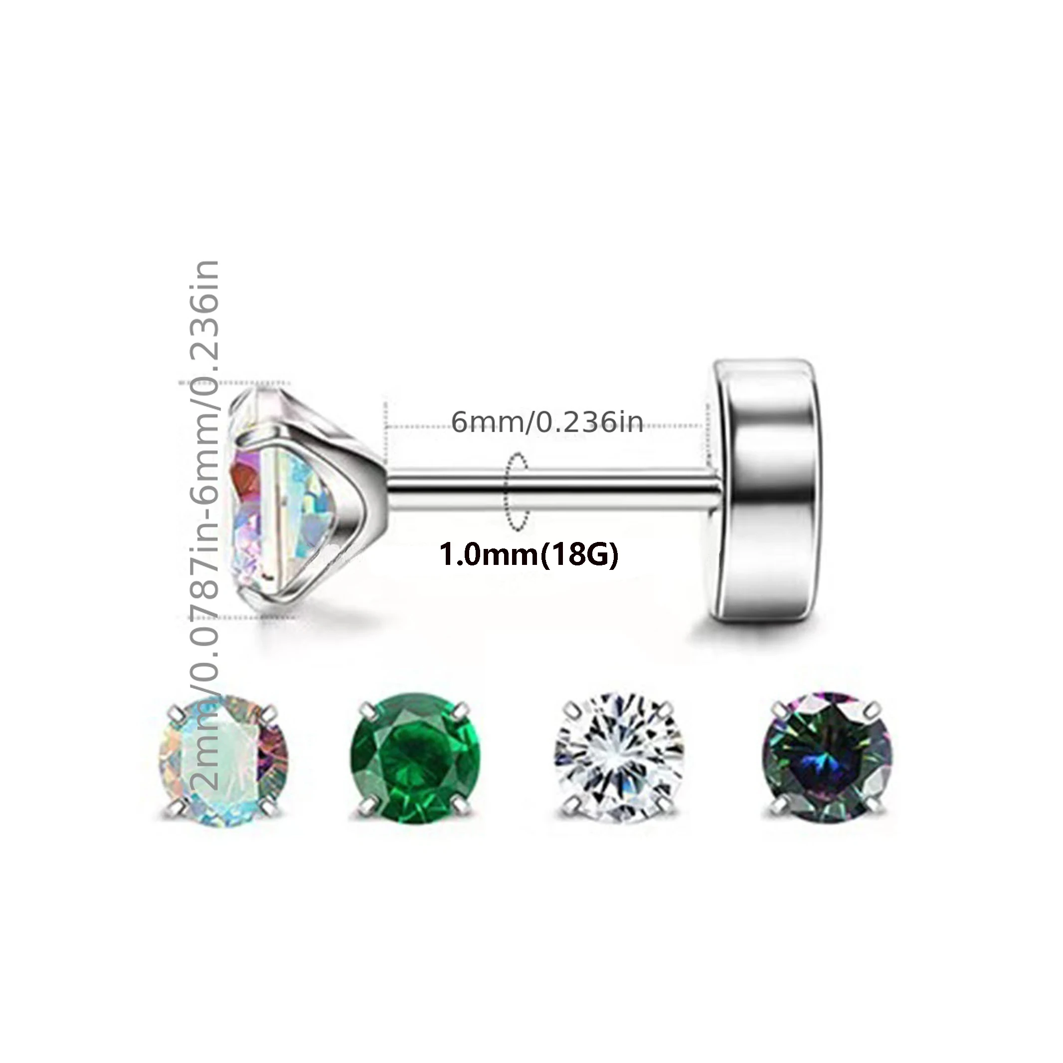 1/4pairs 2-6mm Simple Fashion Stainless Steel Colorful Cubic Zirconia Screw Back Stud Earrings for Men Women Daily Ear Jewelry