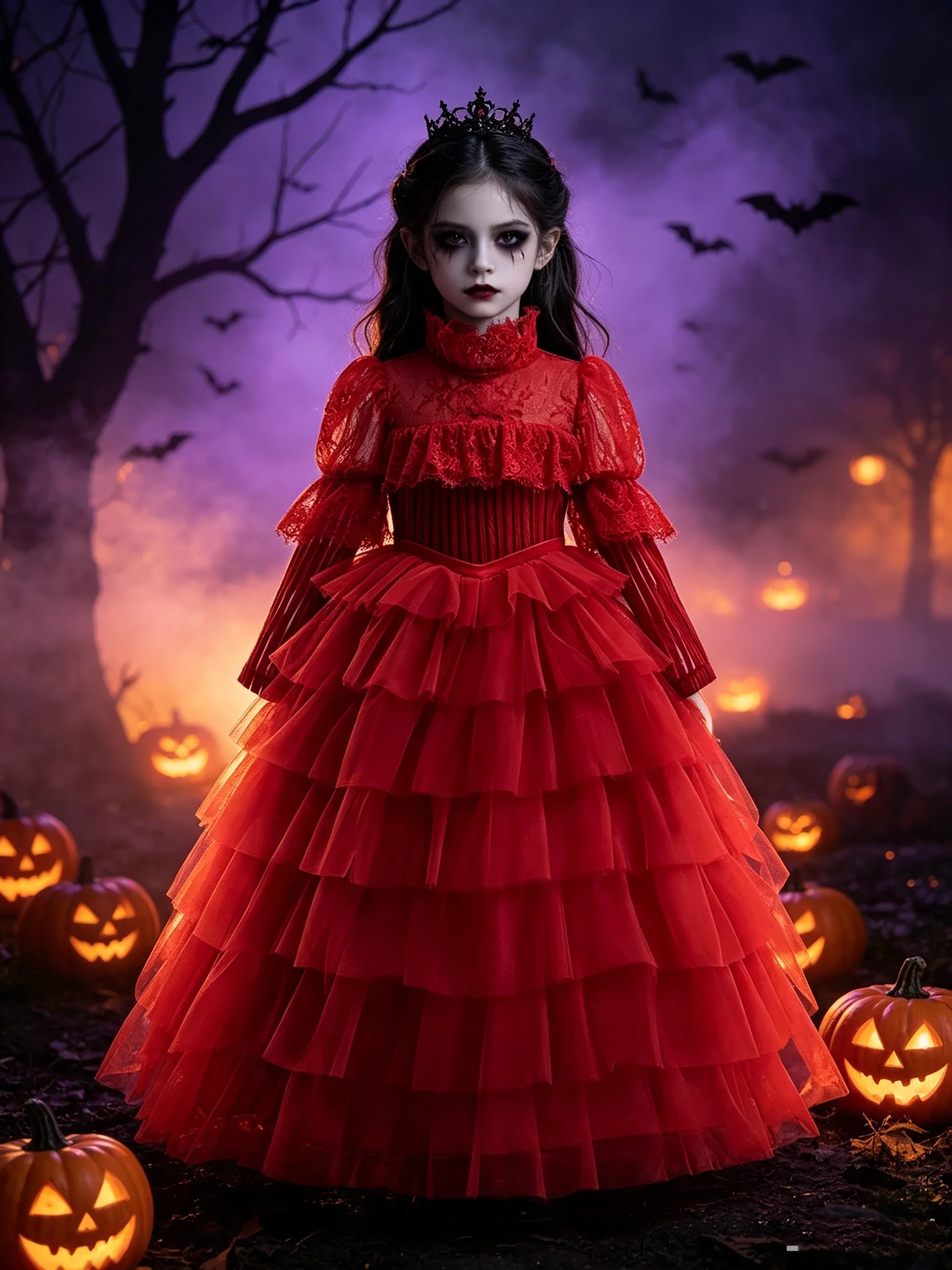 2026 Halloween Girl Dress Up Elegant Special Ball Evening Dress Long Sleeve Red Horror Girl Dress