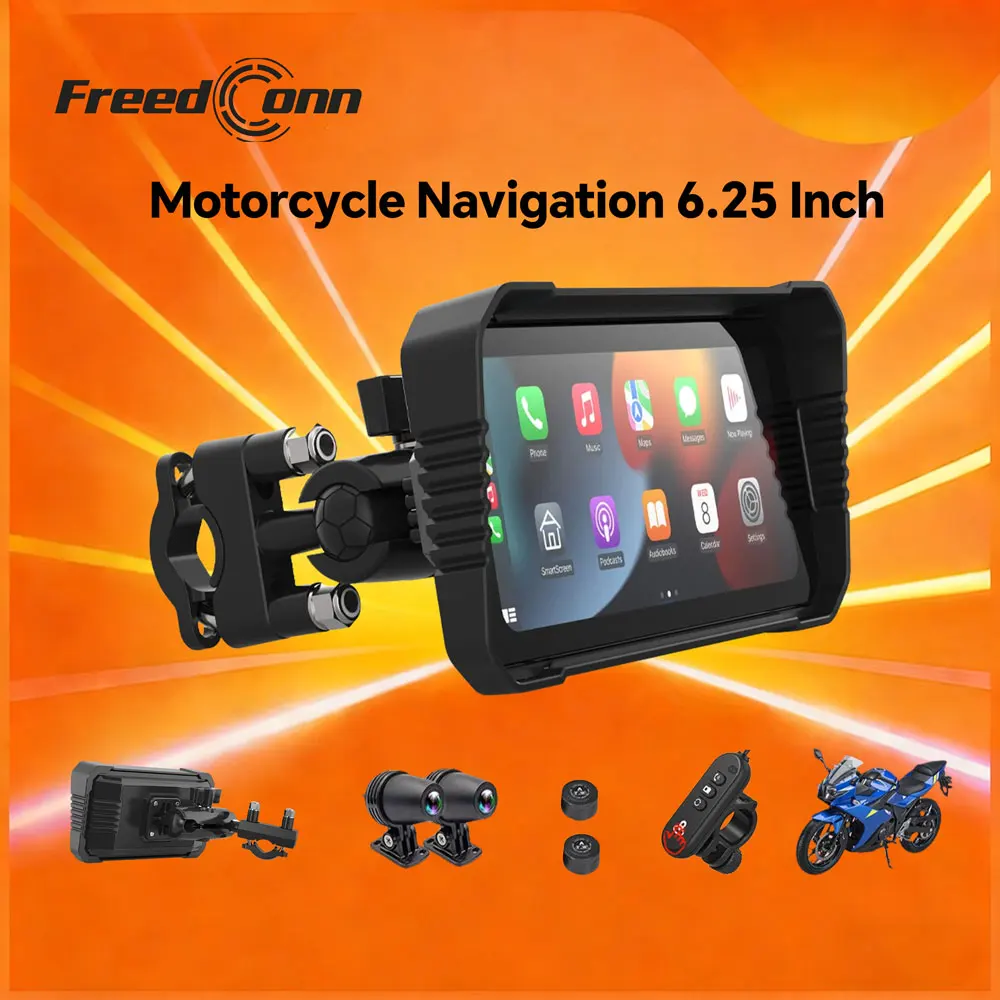 

Мотоциклетный навигатор с CarPlay и Android Auto, GPS, Wi-Fi, водонепроницаемый, 6.25-дюймовый портативный дисплей для мотоциклов, запись видео DVR