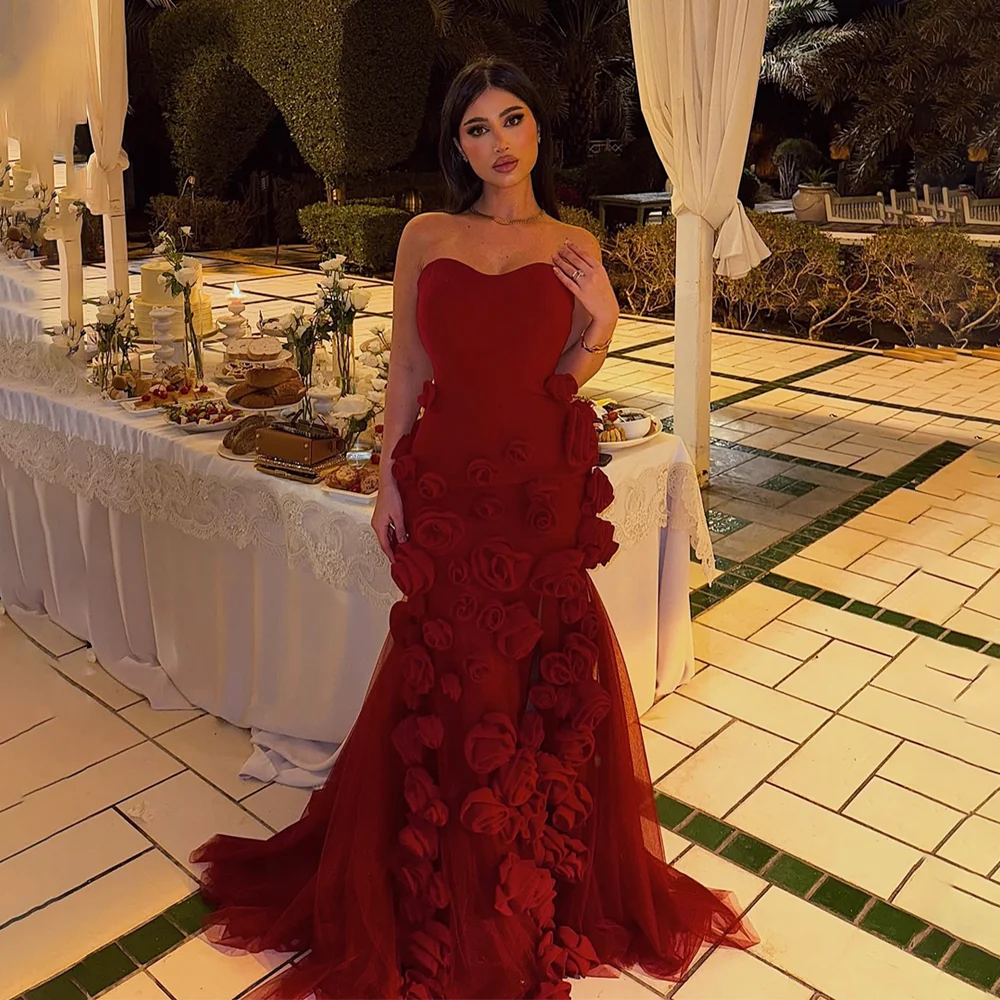 

Charming Sexy Strapless Red Wedding Dress Flowers Mermaid Evening Gown Custom Size Bride Gowns vestido de boda