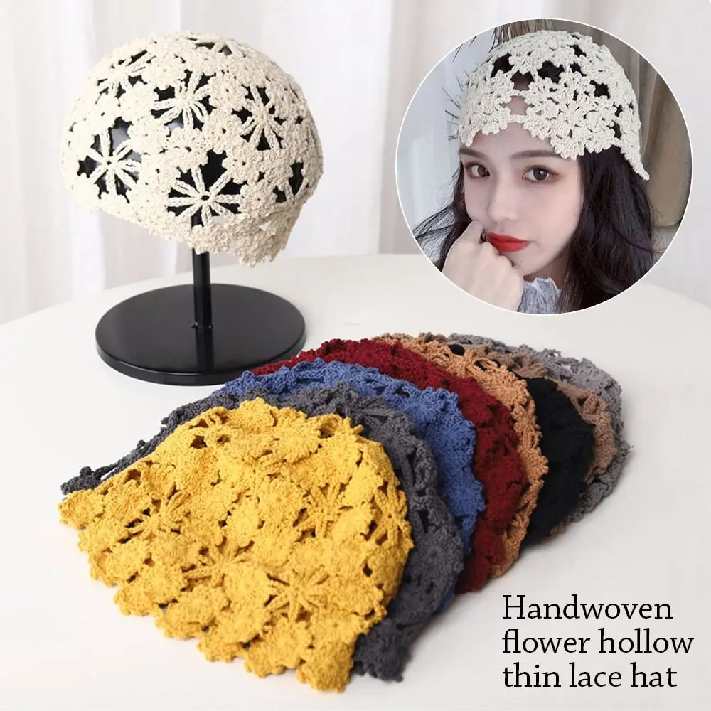 Breathable Hollowed Out Knitted Hat Casual Summer Skullies Hat Fashion Flowers Sun Visor for Women