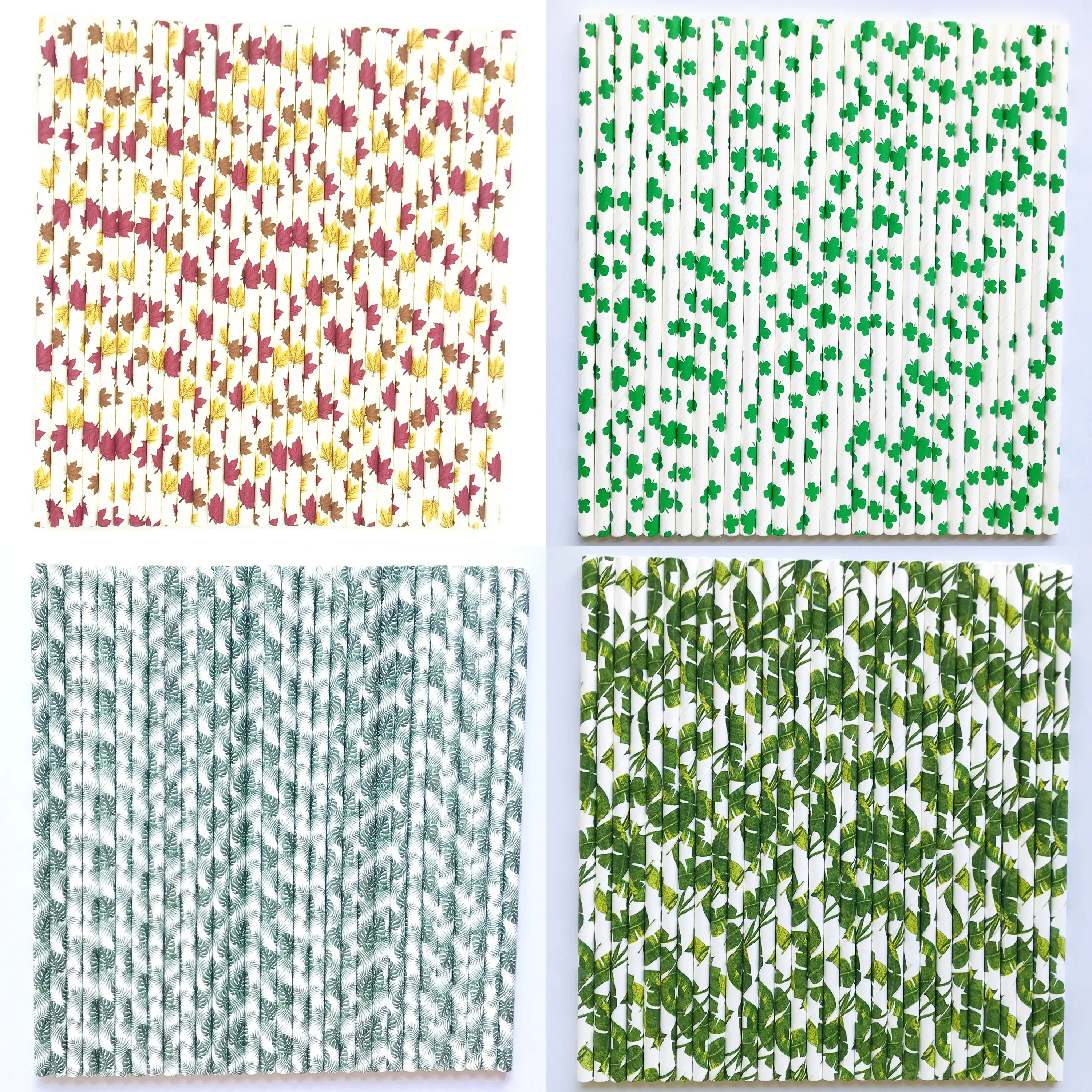 100 Pcs Leaf Print Paper Straws,Shamrock Four-leaf Clover Plantain Palm Maple Plant Autumn Summer St. Patrick's Tropical Forest