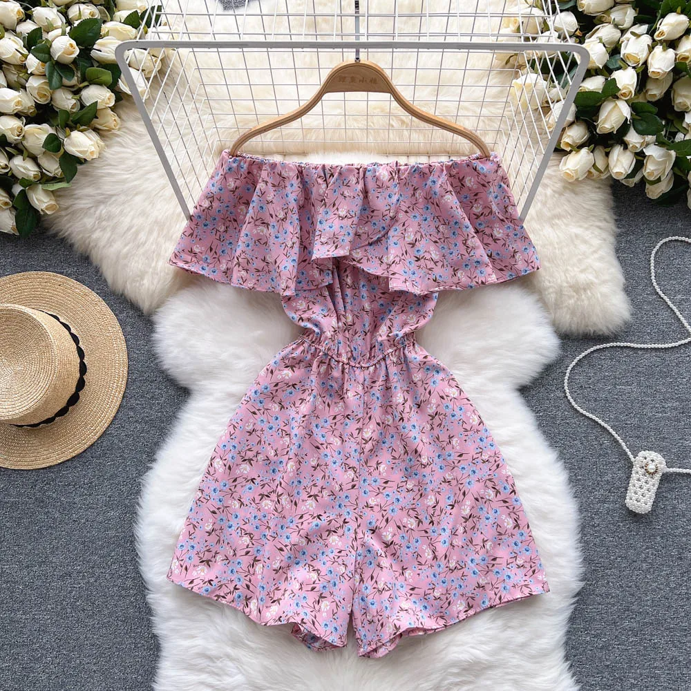 Elegant Floral Short Jumpsuit Woman 2022 Summer One-Piece Outfits Fashion Ruffled One-Shoulder Playsuit