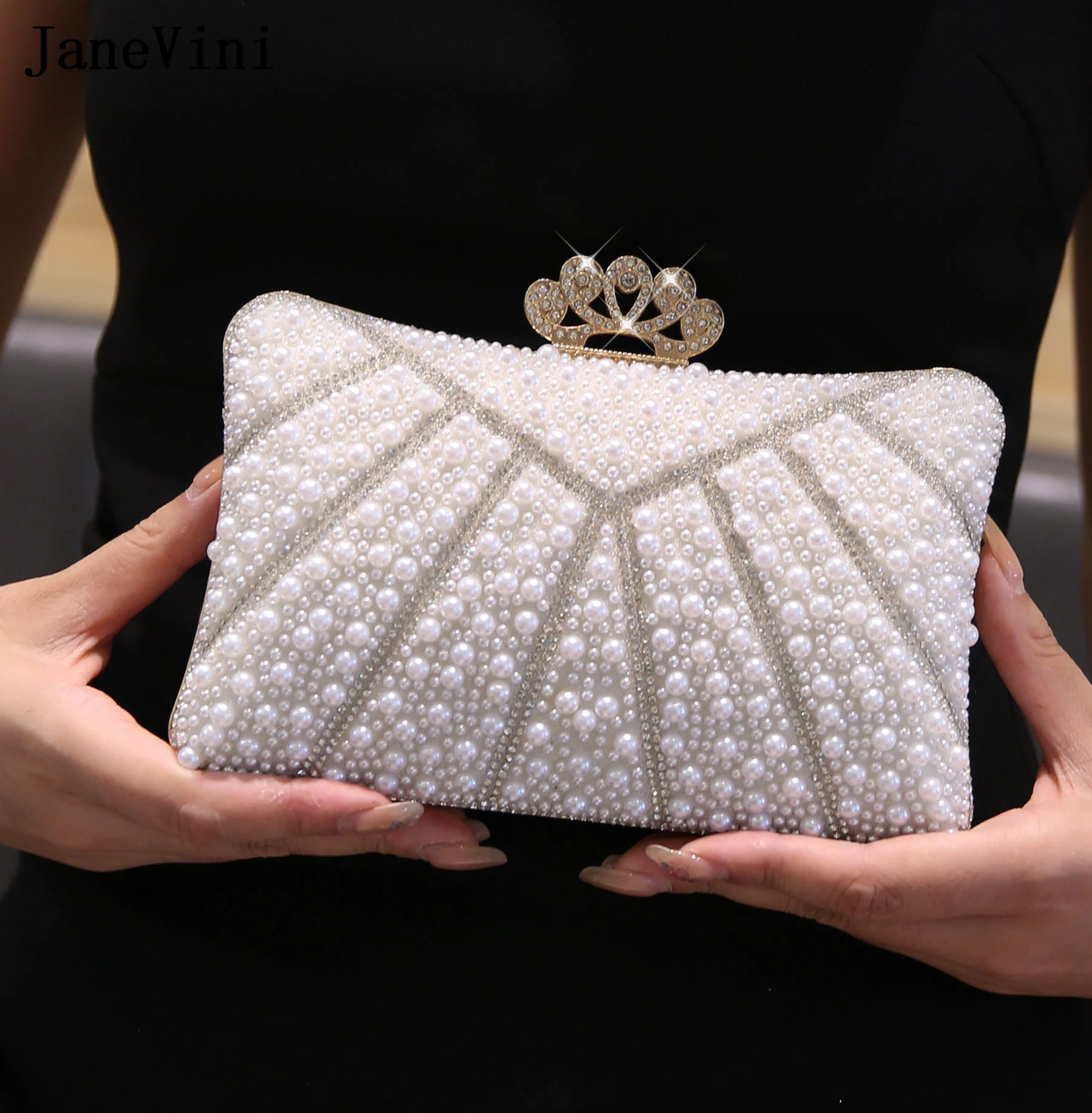 JaneVini Fashion Rhinestone Pearls Hand Bags for Women Ladies Crown Luxury Evening Party Clutch Bag Portable Chain Shoulder Bags