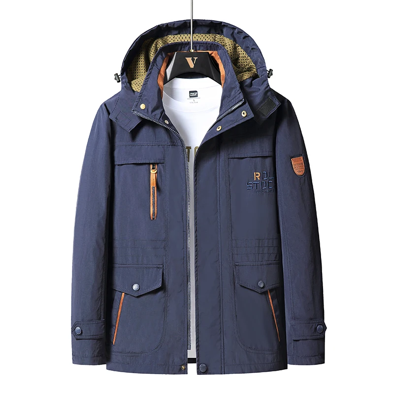 

Outdoor Hooded Windproof Jacket for Men Spring Autumn Stand Collar Casual Camping Coats Fashion Casual Breathable Men Clothing