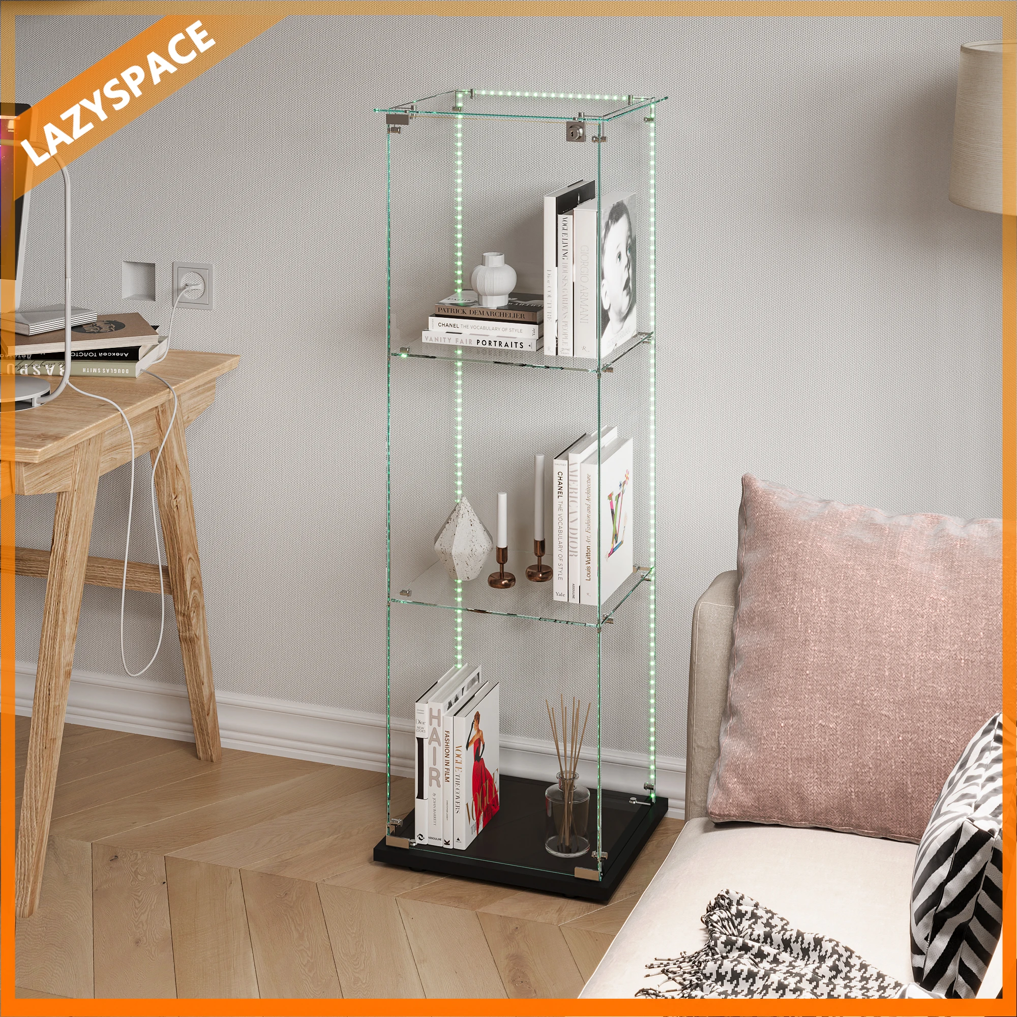 حافظة عرض زجاجية من Lazyspace مكونة من 3 طبقات، حافظة عرض عمودية بباب واحد، حافظة عرض خشبية للمقتنيات، 123.3x39.8x35 سم #1
