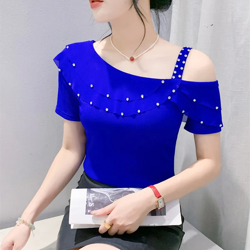 Fashion Ruffle Short Sleeve Off Shoulder Top For Women\'s 2024 Summer New Luxury Diamonds Asymmetric Collar Mesh T-shirt